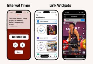 Three iPhone screenshots showing new app features: an interval timer with motivational quote and countdown, a fitness tracking app with exercise widgets, and a YouTube video widget displaying a weightlifting video.