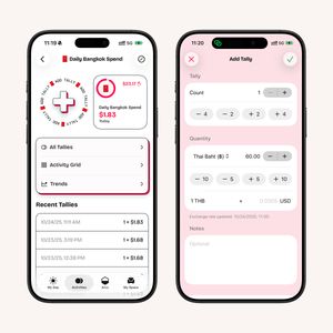 Two iPhone screenshots showing the new Measured Tally + Currency feature.