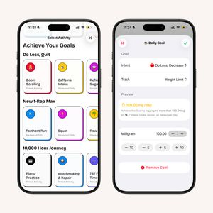 Two iPhone screenshots showing the new Goals feature.