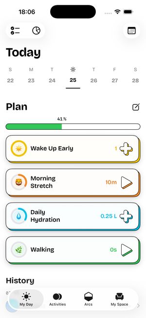 timespent daily routine planner showing a color-coded checklist with Wake Up Early, Morning Stretch, Daily Hydration, and Walking activities at 41% completion