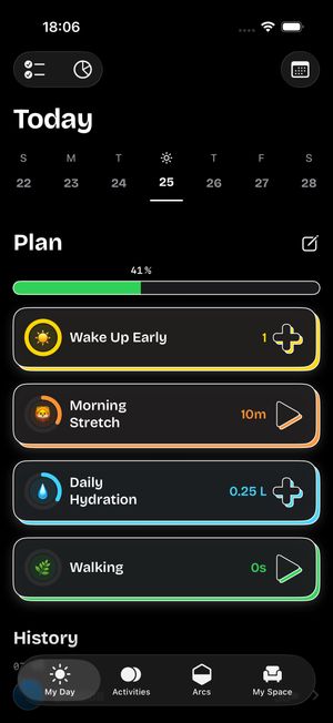 timespent daily routine planner showing a color-coded checklist with Wake Up Early, Morning Stretch, Daily Hydration, and Walking activities at 41% completion